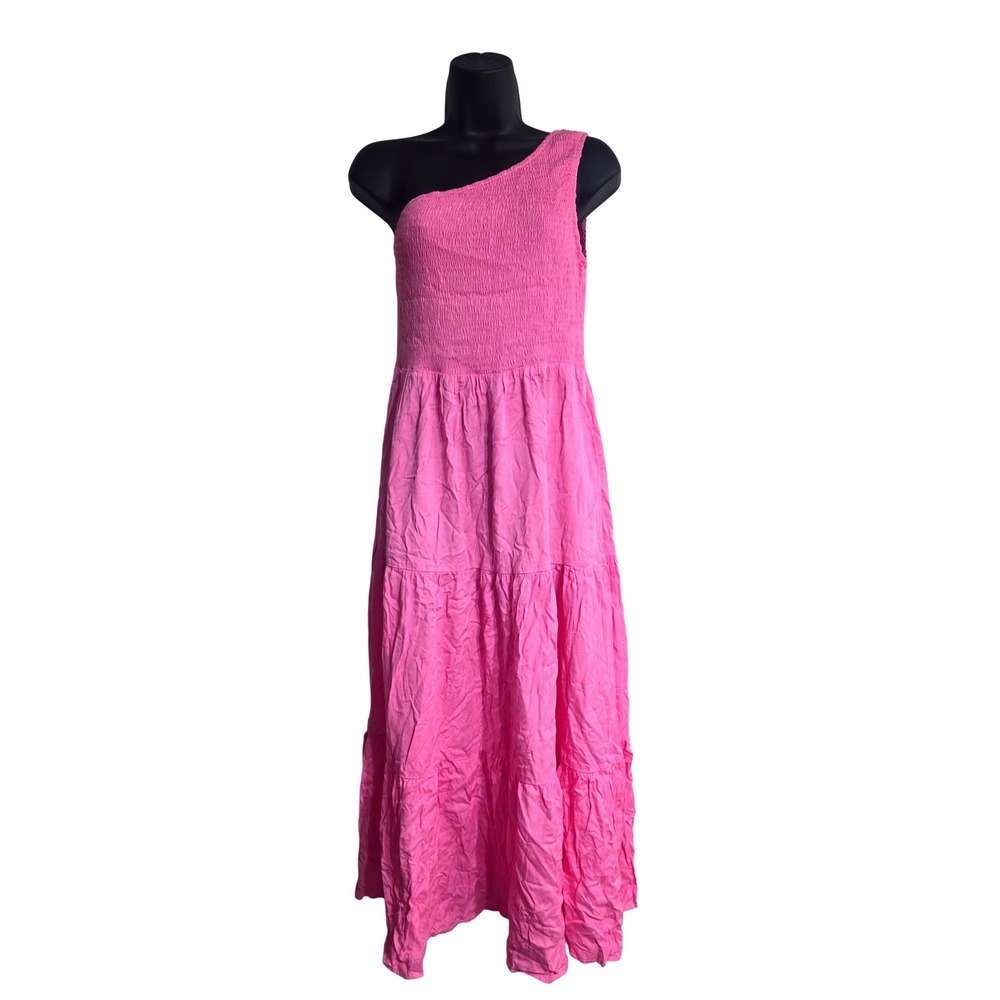 Logene Womens Pink One‎ Shoulder Smocked Tiered Rayon Maxi Dress Large